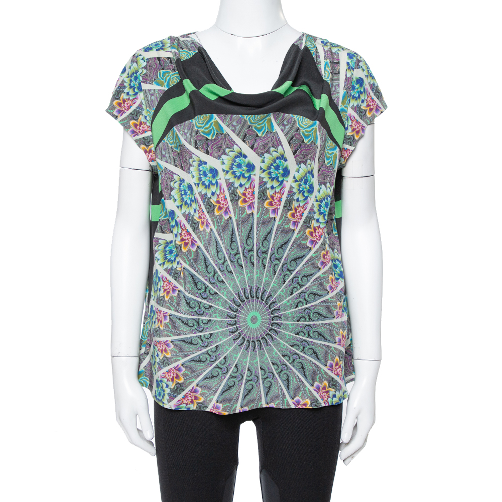 Etro Green Paisley Printed Silk Cowl Neck Top L Etro Green Paisley Printed Silk Cowl Neck Top L
