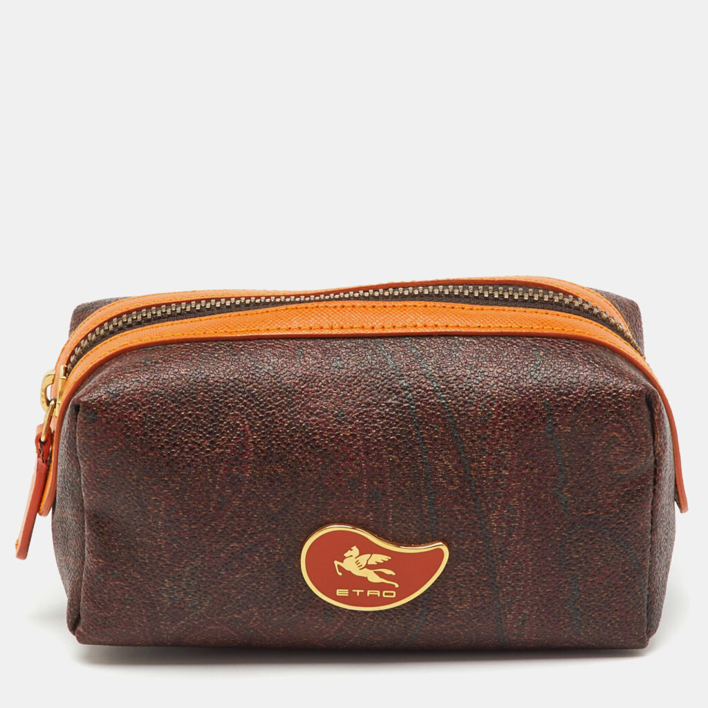 Etro Brown/Orange Paisley Print Coated Canvas Cosmetic Pouch Etro Brown/Orange Paisley Print Coated Canvas Cosmetic Pouch