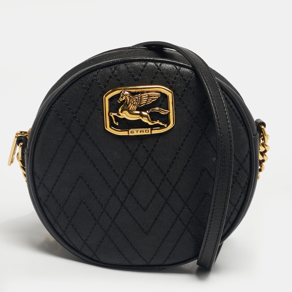 Etro Black Leather Pegaso Round Crossbody Bag
