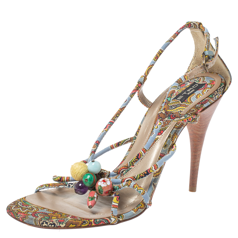 Etro Multicolor Fabric Paisley Print Strappy Embellished Open Toe Ankle Strap Sandals Size 40 Etro Multicolor Fabric Paisley Print Strappy Embellished Open Toe Ankle Strap Sandals Size 40