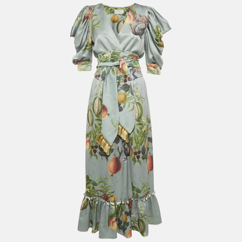 Eugenia Fernandez Sage Green Printed Satin Palma Maxi Dress XS Eugenia Fernandez Sage Green Printed Satin Palma Maxi Dress XS