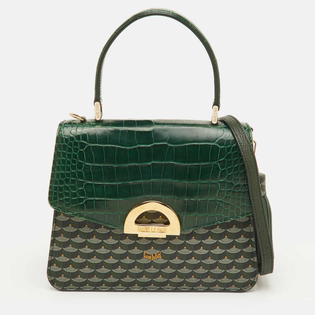 luxury-women-faure-le-page-used-handbags-p1250974-014-1.jpg Faure Le Page Parade Green Coated Canvas and Alligator Top Handle Bag