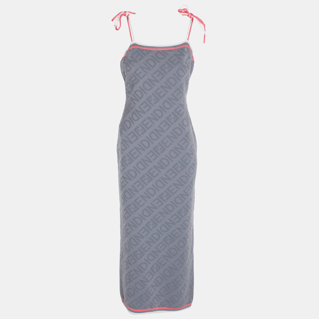 Fendi Blue Logo Print Knit Sleeveless Midi Dress M