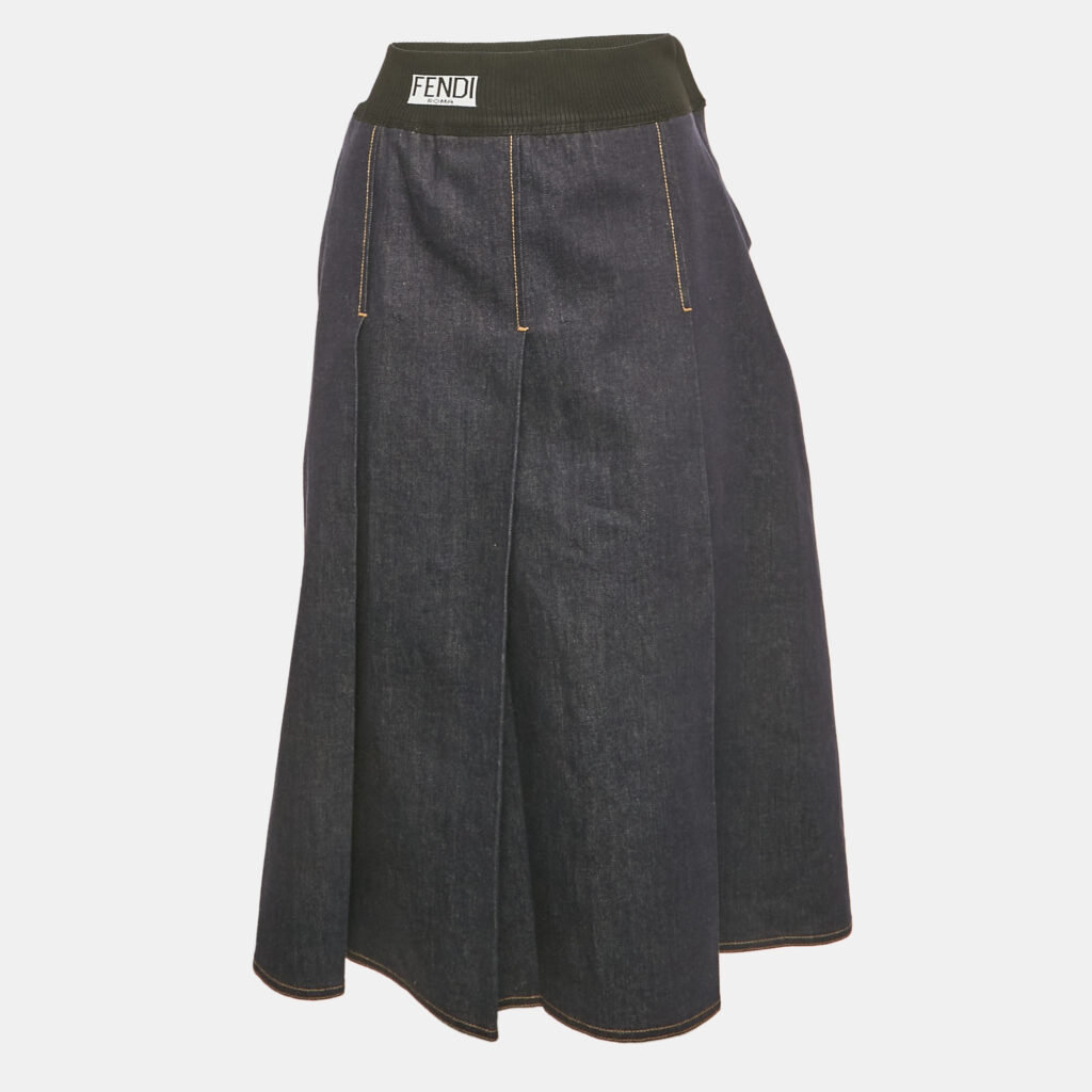 Fendi Navy Blue Denim Pleated Midi Skirt S Fendi Navy Blue Denim Pleated Midi Skirt S