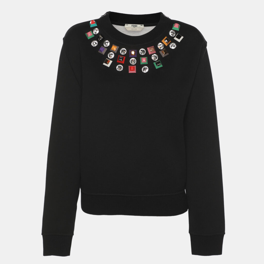 Fendi Black Knit Embellished Neck Detail Cropped Sweatshirt M Fendi Black Knit Embellished Neck Detail Cropped Sweatshirt M