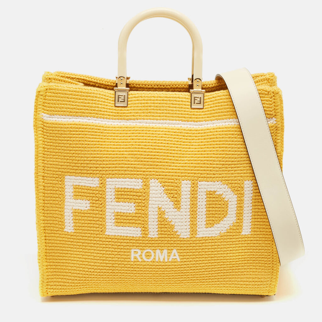 Fendi Yellow/White Crochet Fabric Medium Sunshine Shopper Tote Fendi Yellow/White Crochet Fabric Medium Sunshine Shopper Tote