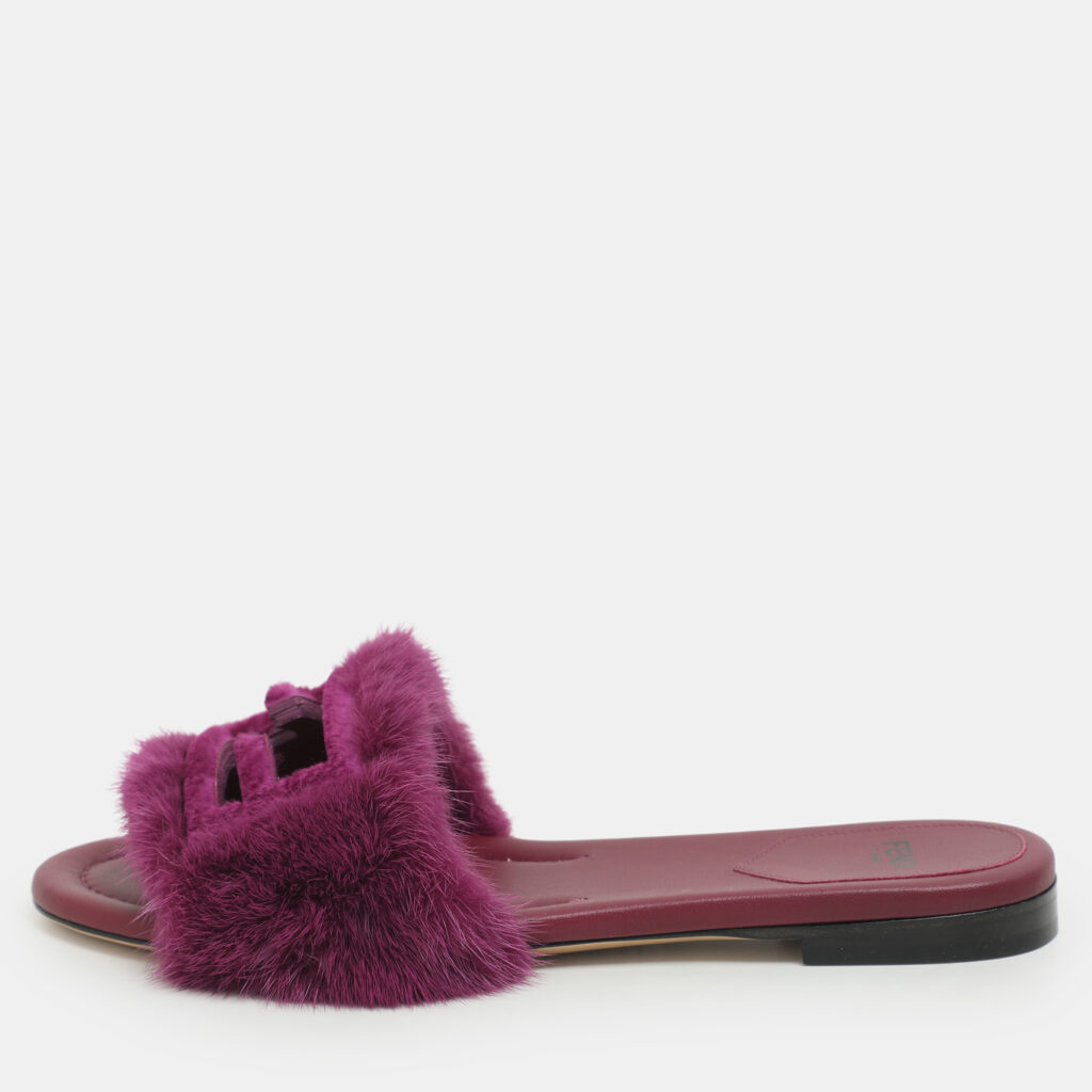 Fendi Purple Mink Fur Baguette Flat Slides Size 37