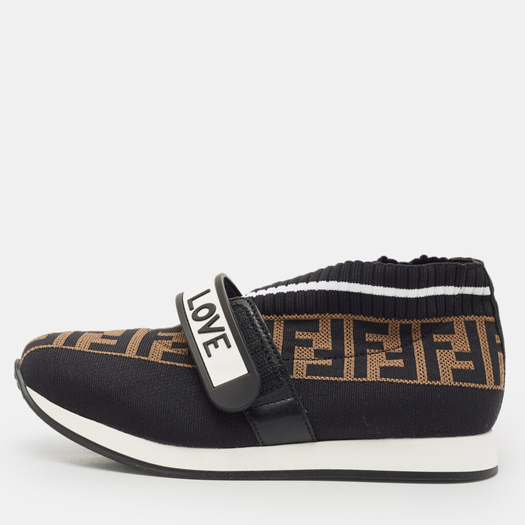 Fendi Black/Brown Zucca Print Knit Fabric Rockoko Sneakers Size 34