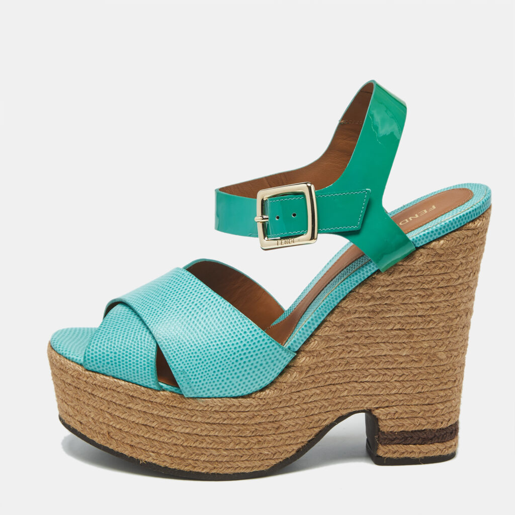 Fendi Green Lizard and Patent Leather Espadrille Wedge Sandals Size 40 Fendi Green Lizard and Patent Leather Espadrille Wedge Sandals Size 40