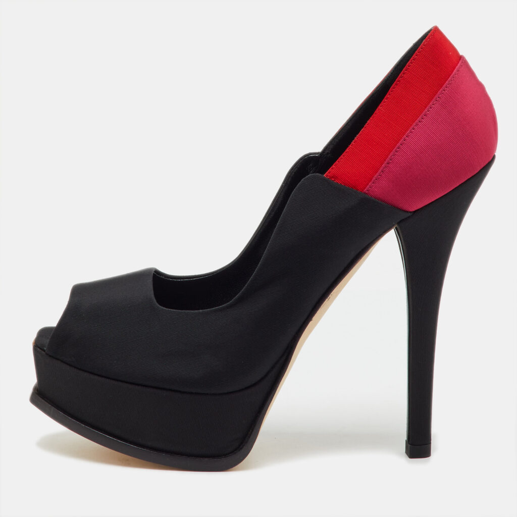 Fendi Tricolor Colorblock Canvas Fendista Peep Toe Platform Pumps Size 39.5