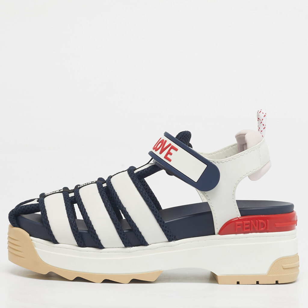 Fendi White/Navy Blue Leather and Mesh T-Rex Platform Sandals Size 36 Fendi White/Navy Blue Leather and Mesh T-Rex Platform Sandals Size 36