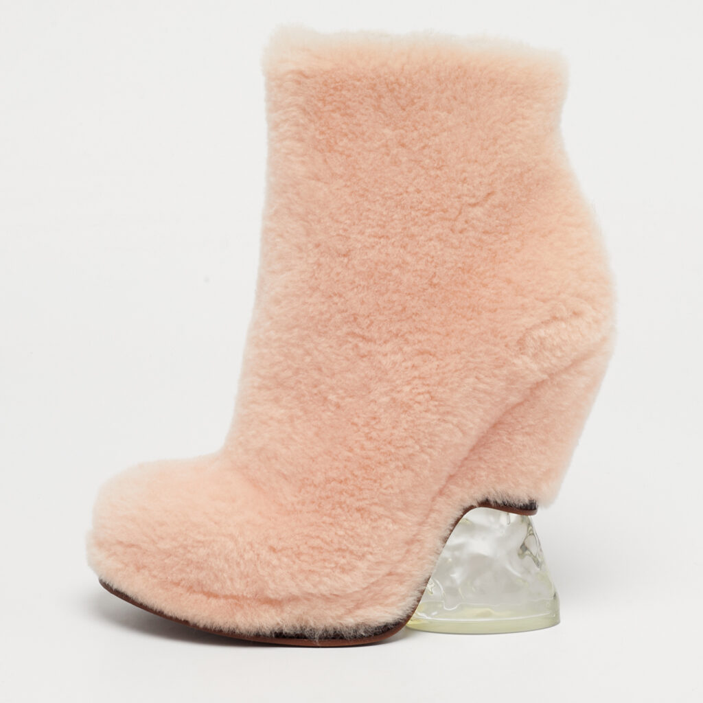 Fendi Light Pink Shearling Ice Heel Ankle Boots Size 38