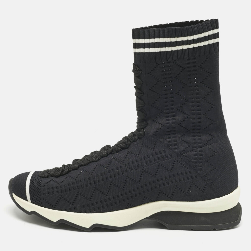 Fendi Navy Blue Knit Fabric Sock High Top Sneakers Size 37