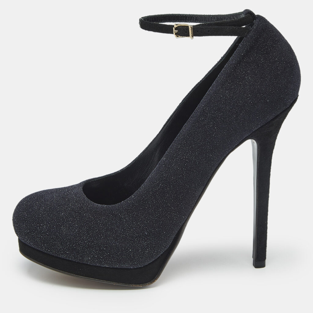 Fendi Black Glitter Suede Ankle Strap Platform Pumps Size 40 Fendi Black Glitter Suede Ankle Strap Platform Pumps Size 40