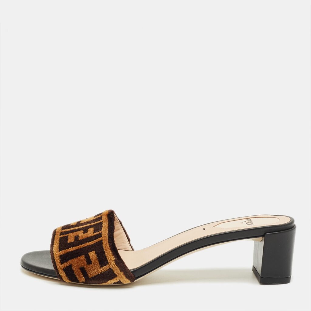 Fendi Brown Velvet FF Logo Zucca Slide Sandals Size 37.5
