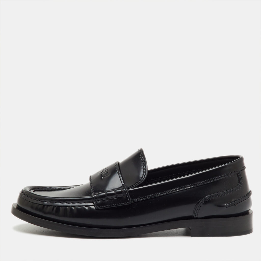 Fendi Black Brushed Leather Logo Slip On Loafers Size 38