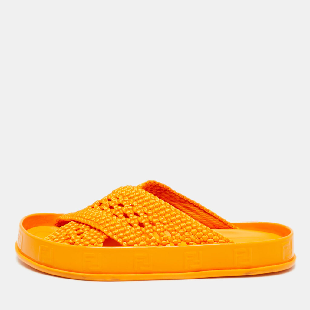 Fendi Forever Orange Nylon and Patent Leather Flat Slide Size 36