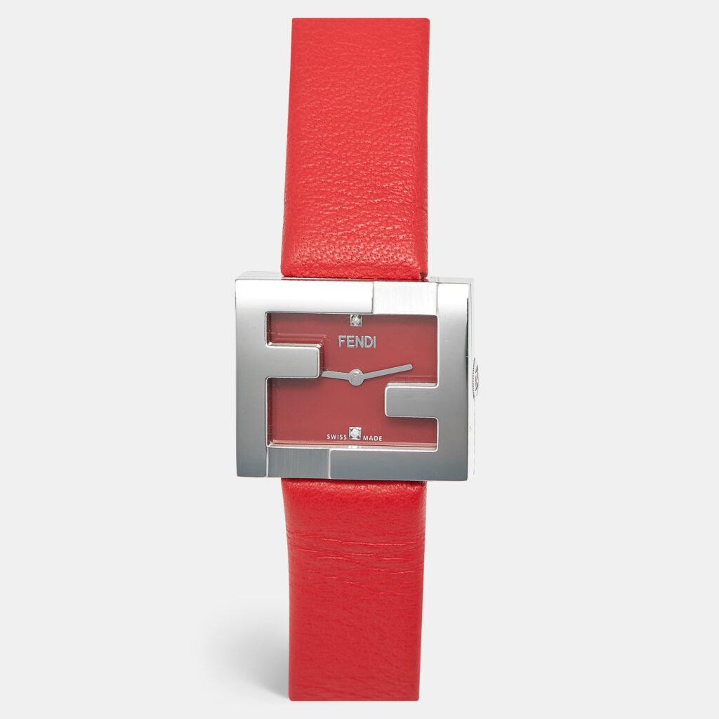 Fendi Fendimania F100101901 Red Dial Diamond Stainless Steel Leather Women's Wristwatch 24 mm Fendi Fendimania F100101901 Red Dial Diamond Stainless Steel Leather Women's Wristwatch 24 mm
