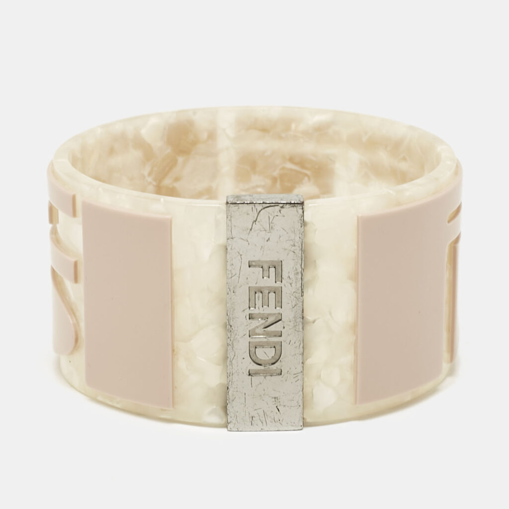 luxury-women-fendi-used-accessories-p1116656-002-1.jpg Fendi Logo Resin Silver Tone Bangle Bracelet