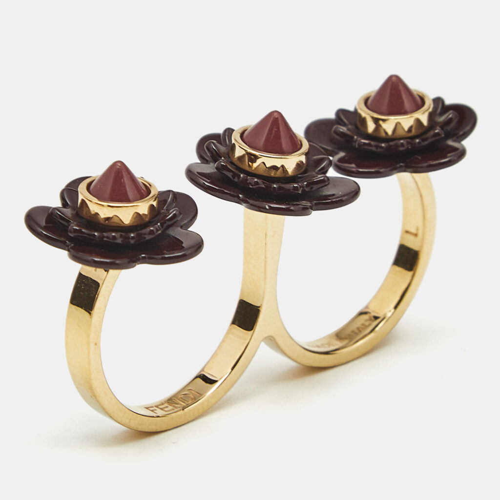 Fendi Blossom Black Resin & Gold Tone Flower Two Finger Ring L Fendi Blossom Black Resin & Gold Tone Flower Two Finger Ring L