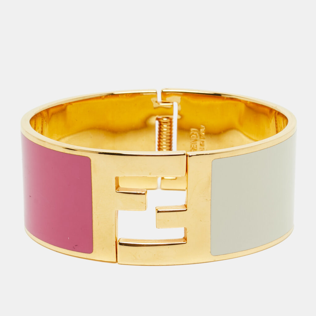 Fendi Fendista Bi-color Enamel Gold Tone Wide Bracelet S Fendi Fendista Bi-color Enamel Gold Tone Wide Bracelet S