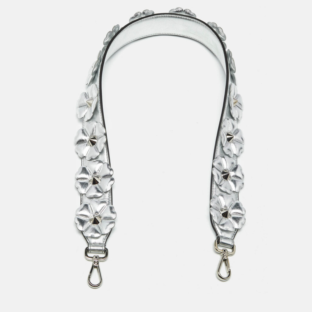 Fendi Silver Leather Flowerland Strap You Shoulder Bag Strap Fendi Silver Leather Flowerland Strap You Shoulder Bag Strap