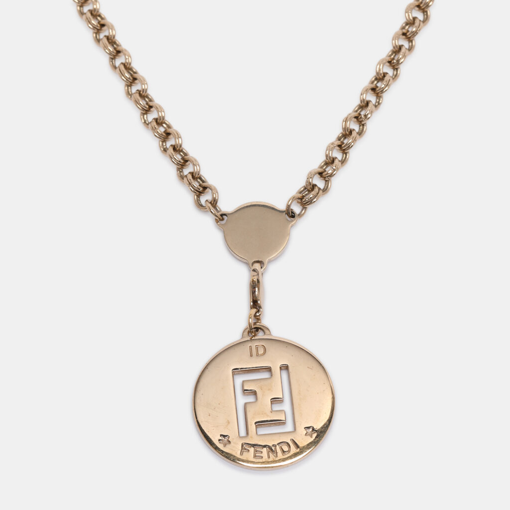 Fendi Gold Tone Hardware FF Identification Pendant Necklace Fendi Gold Tone Hardware FF Identification Pendant Necklace