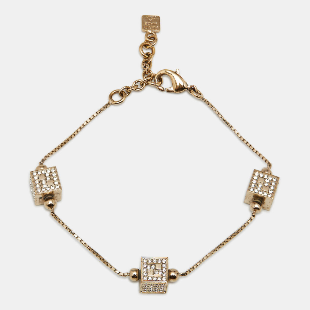 Fendi FF Crystal Cube Gold Tone Station Bracelet