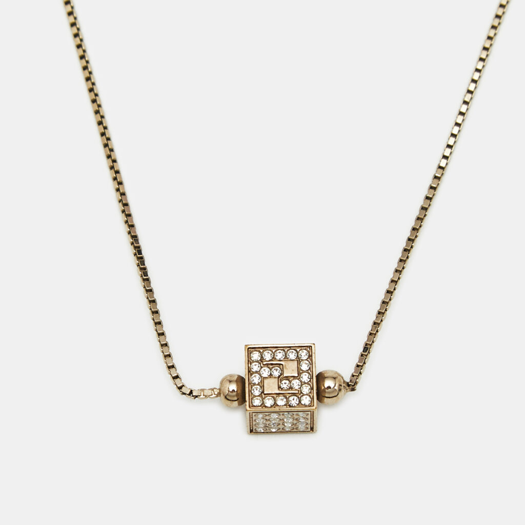 Fendi FF Crystal Cube Gold Tone Station necklace