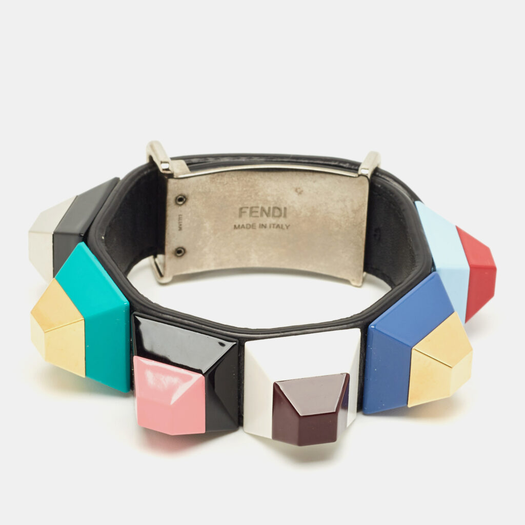 luxury-women-fendi-used-accessories-p1244610-005-1.jpg Fendi Multicolor Studded Rainbow Resin Leather Two Tone Metal Bracelet