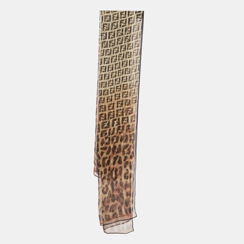 Fendi Brown Zucca & Leopard Print Silk Scarf Fendi Brown Zucca & Leopard Print Silk Scarf