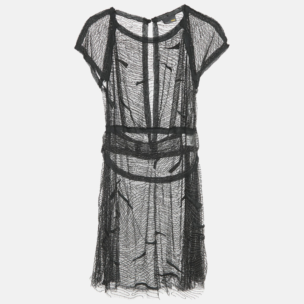 Fendi Black Embroidered Tulle Metal Embellished Sheer Mini Dress M Fendi Black Embroidered Tulle Metal Embellished Sheer Mini Dress M