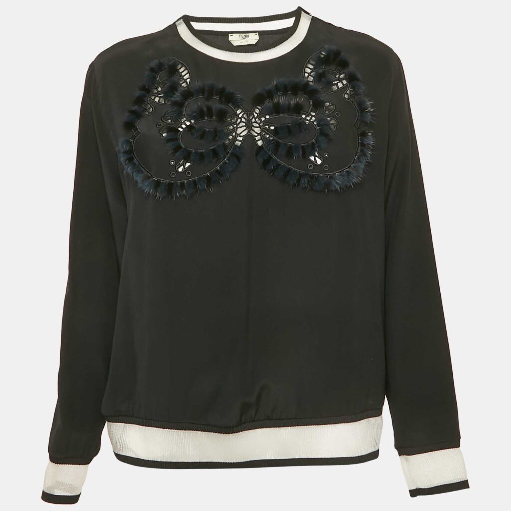 luxury-women-fendi-used-clothes-p1169816-002-1.jpg Fendi Black Silk & Fur Detail Long Sleeve Top M