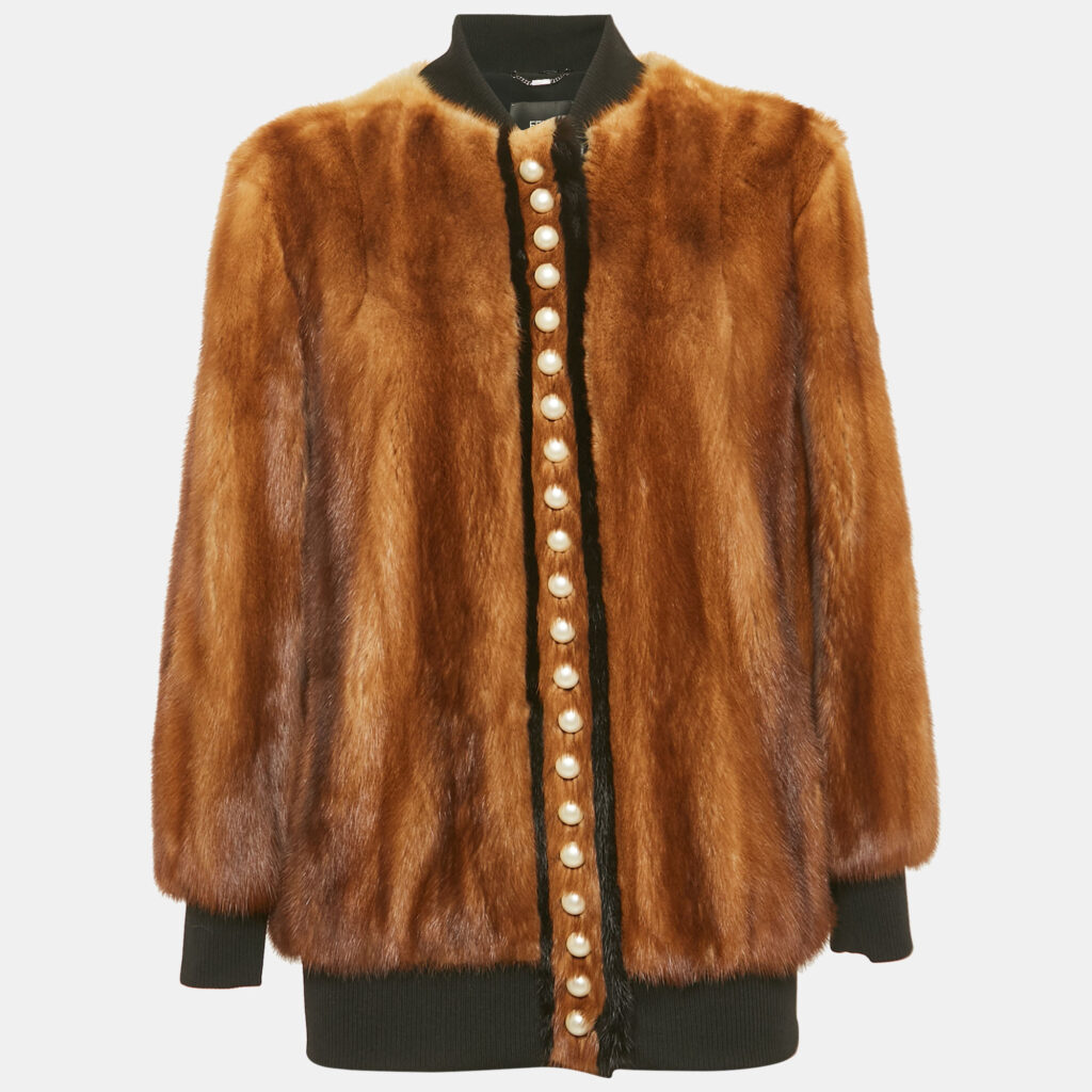 Fendi Brown Pearl Detail Mink Fur Zip-Up Jacket S