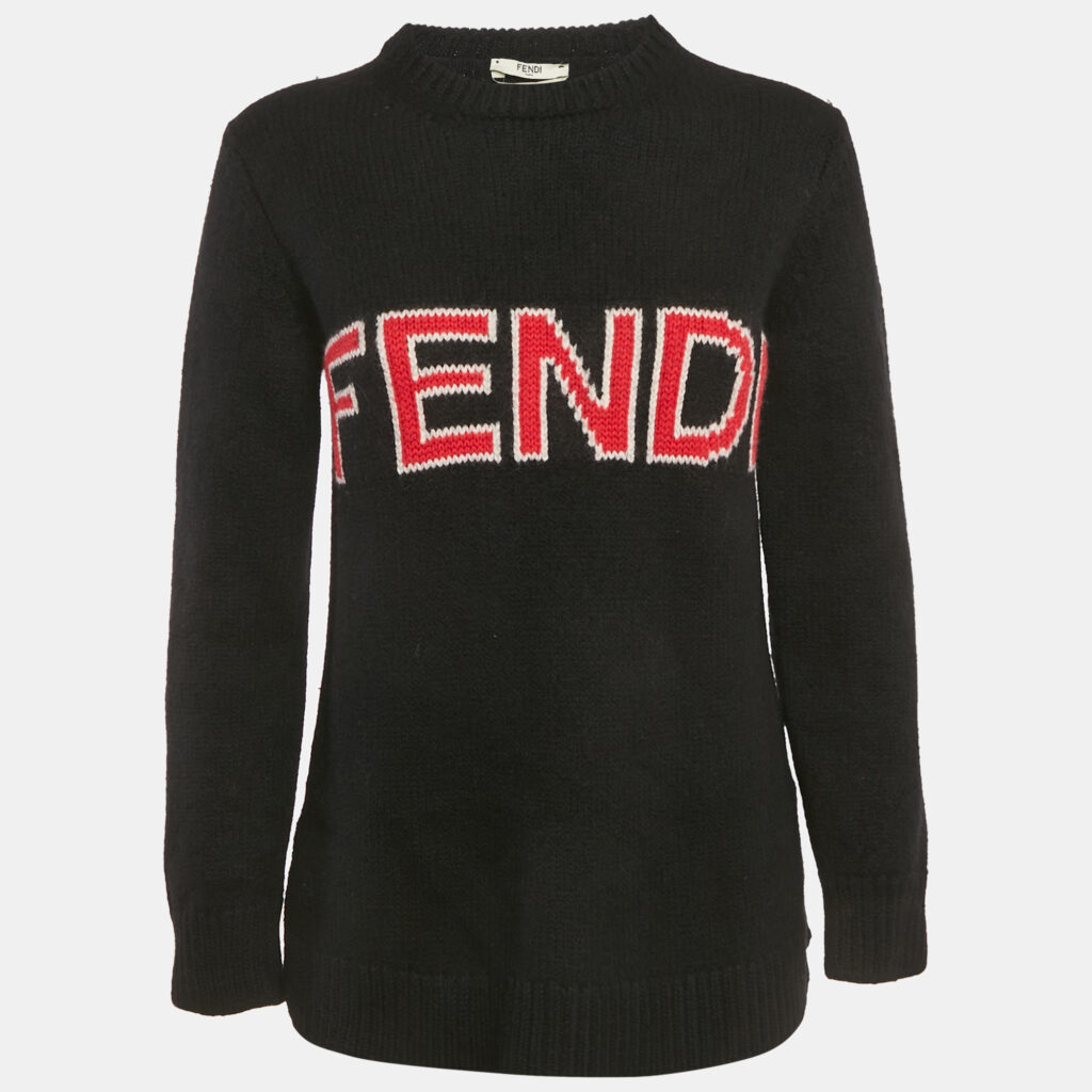 Fendi Black Logo Intarsia Wool Knit Crewneck Sweater M Fendi Black Logo Intarsia Wool Knit Crewneck Sweater M