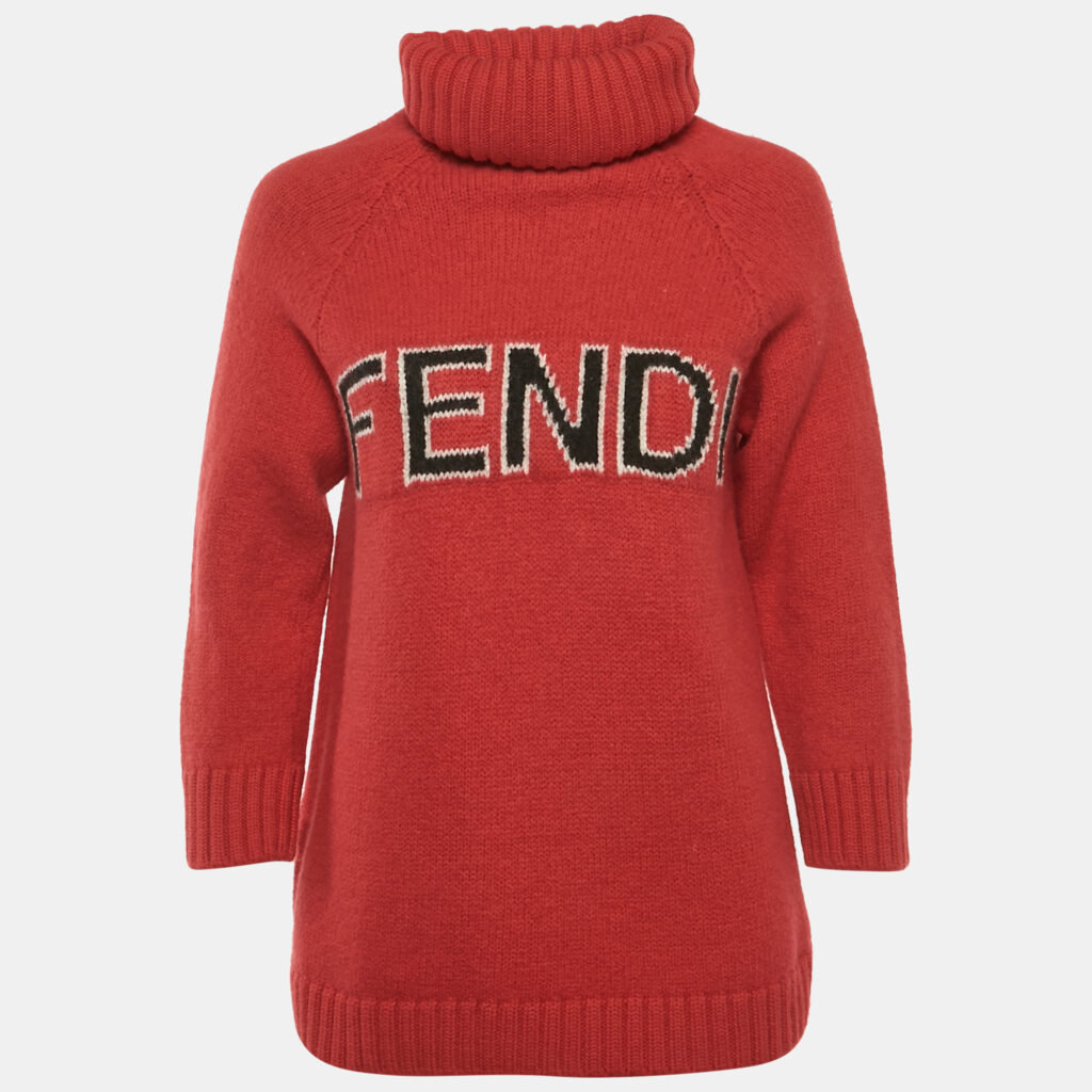 Fendi Red Logo Intarsia Wool Knit Turtle Neck Sweater M Fendi Red Logo Intarsia Wool Knit Turtle Neck Sweater M