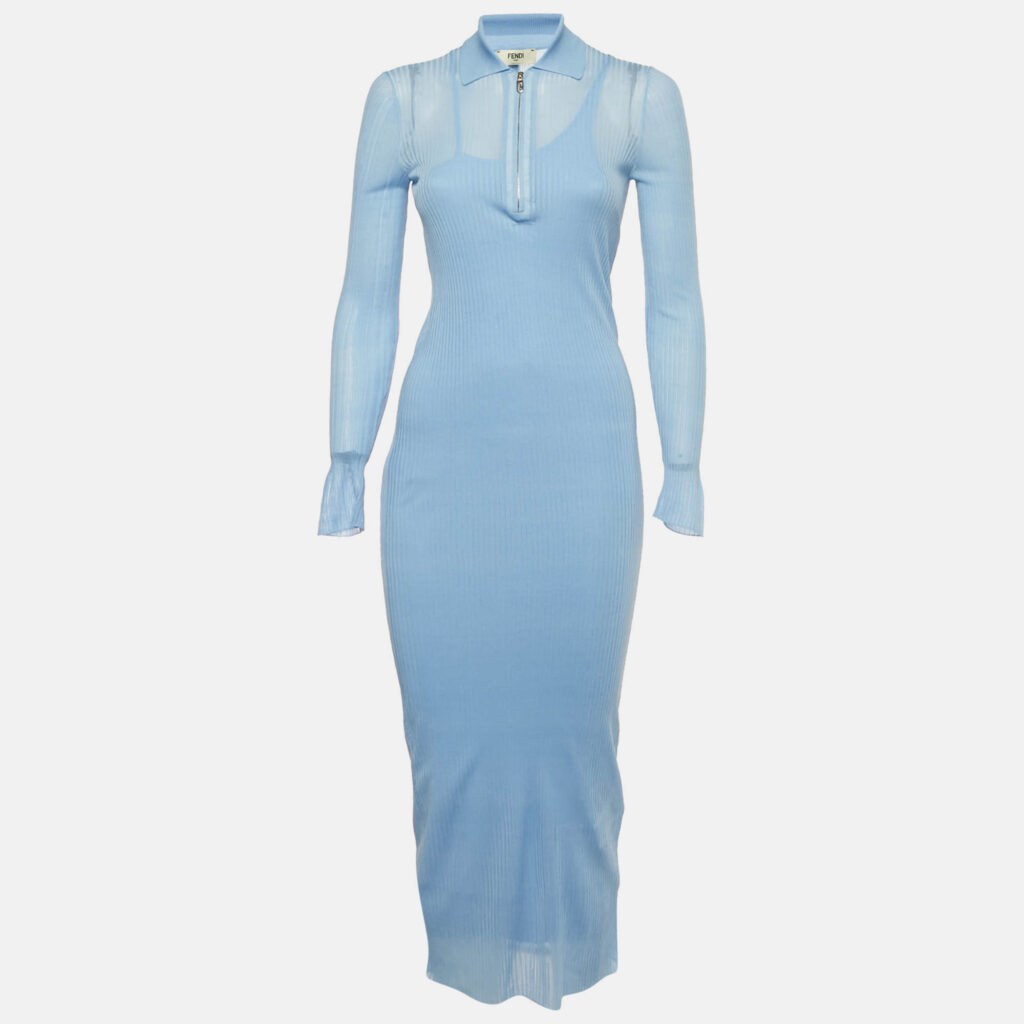 Fendi Blue Rib Knit Long Dress S