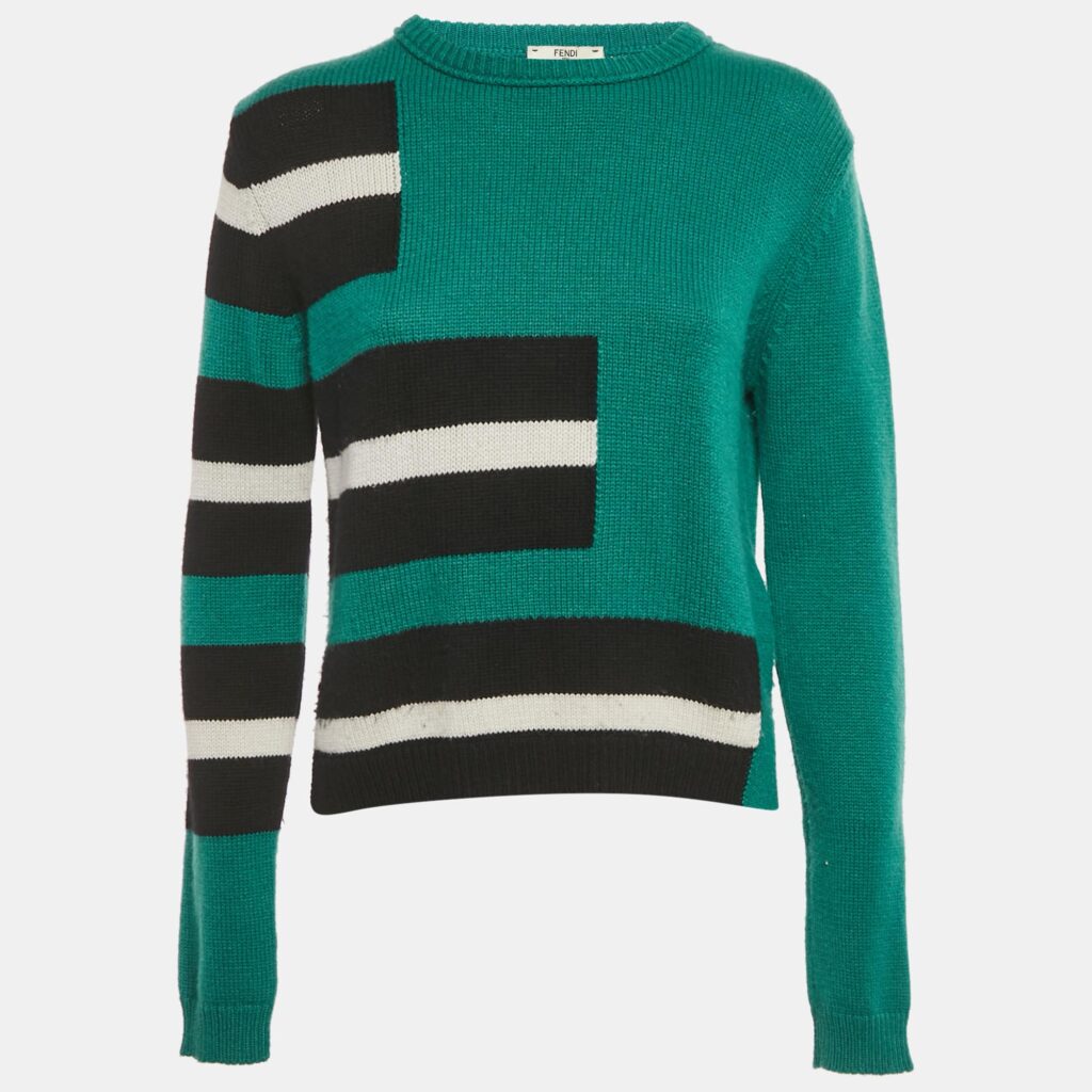 Fendi Green Rib Knit Crewneck Sweater S Fendi Green Rib Knit Crewneck Sweater S