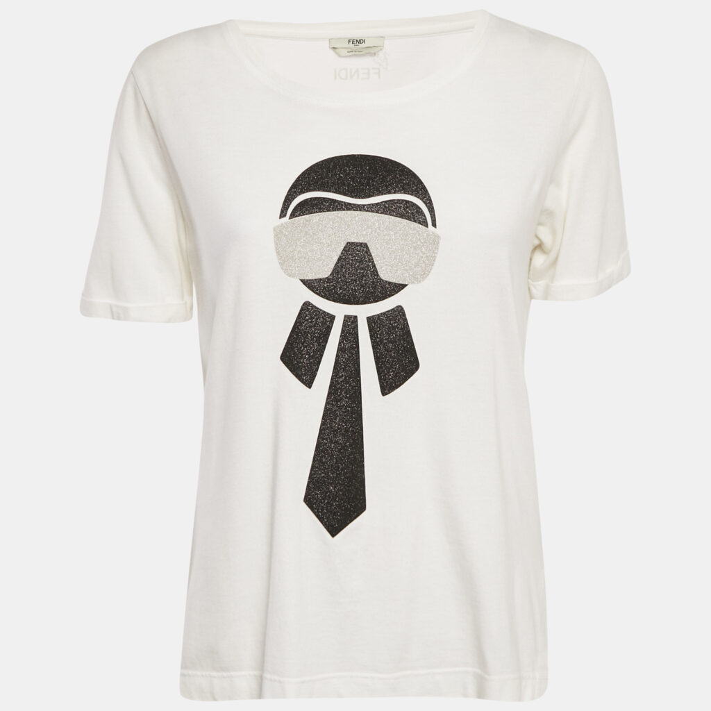 Fendi White Metallic Karlito Applique Cotton T-Shirt S