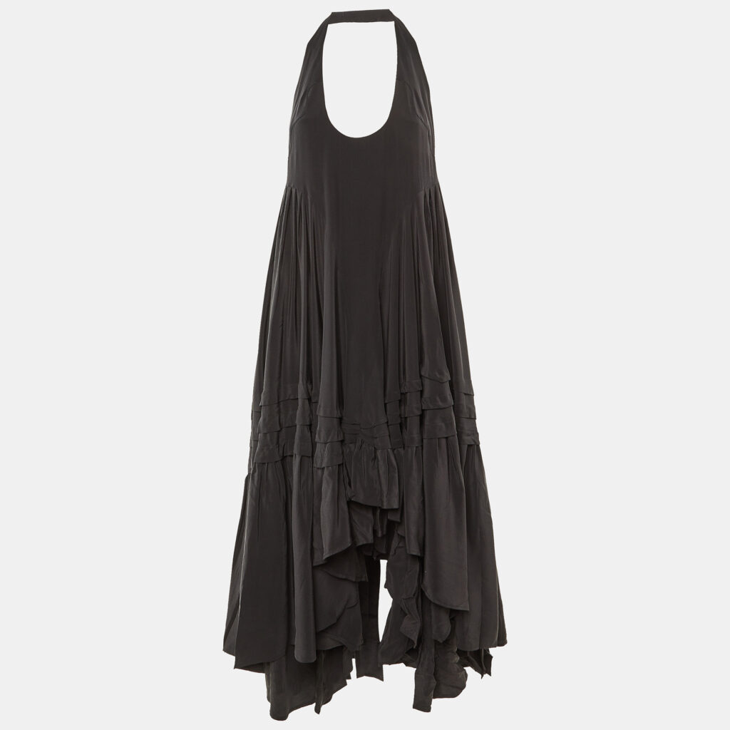 Balenciaga Black Silk Halter Neck Asymmetric Maxi Dress S