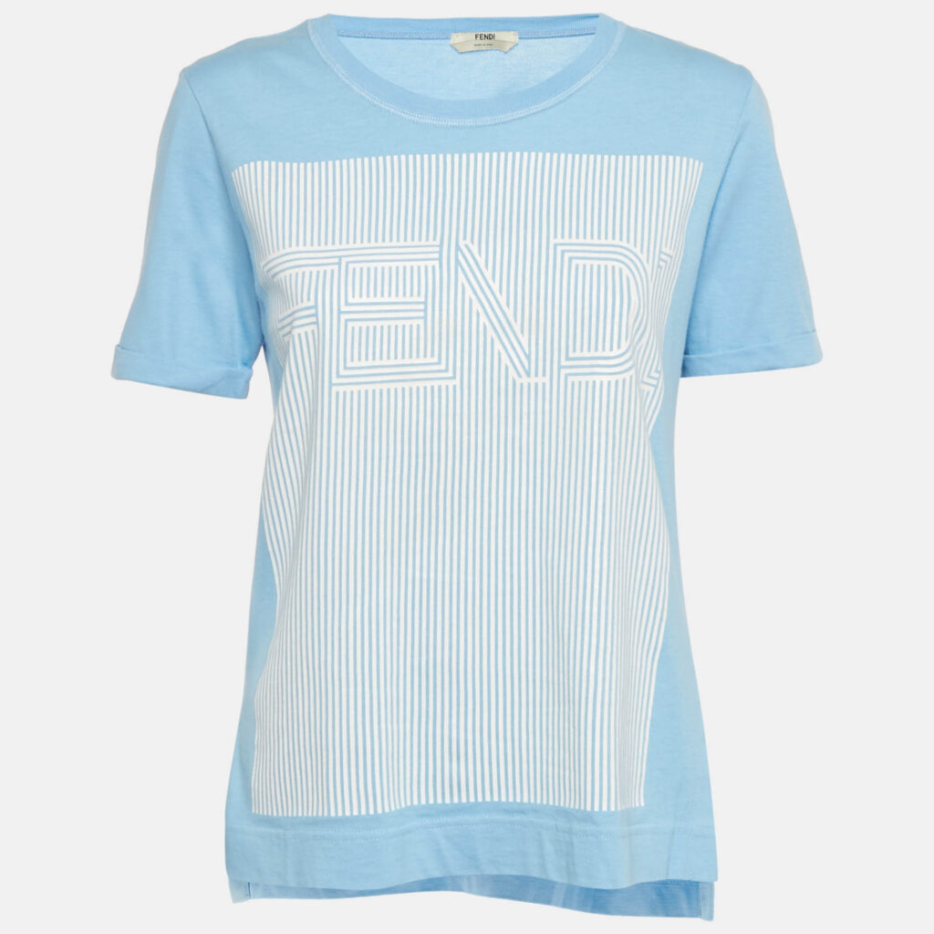 Fendi Blue Stripe Logo Print Cotton T-shirt S Fendi Blue Stripe Logo Print Cotton T-shirt S
