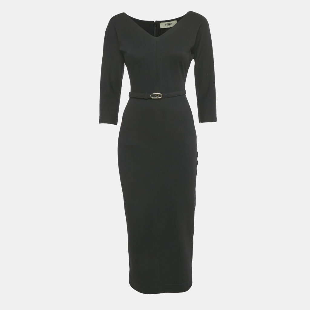 Fendi Black Wool Blend Belted Midi Dress S Fendi Black Wool Blend Belted Midi Dress S