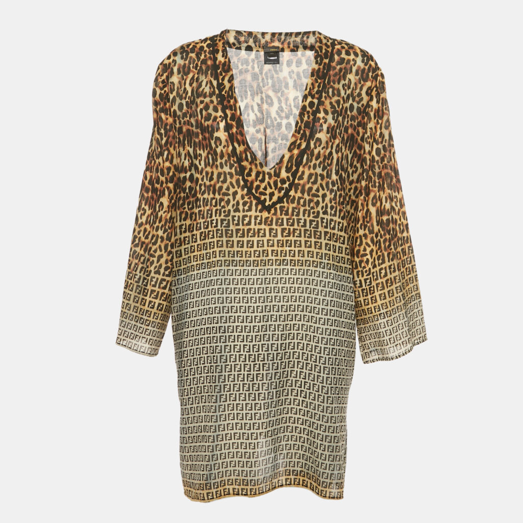 Fendi Brown Animal Print Cotton Plunge Neck Tunic M