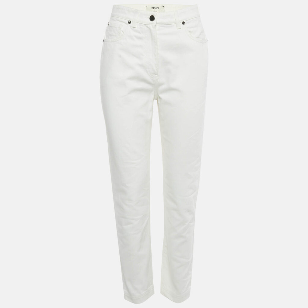 Fendi White Denim Logo Embossed Mom Fit Jeans S Waist 26"