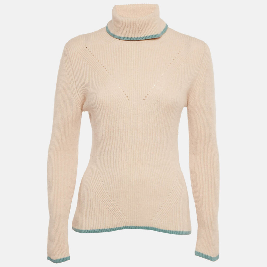 Fendi Dusty Pink Cashmere Contrast Trim Turtle-Neck Sweater S Fendi Dusty Pink Cashmere Contrast Trim Turtle-Neck Sweater S