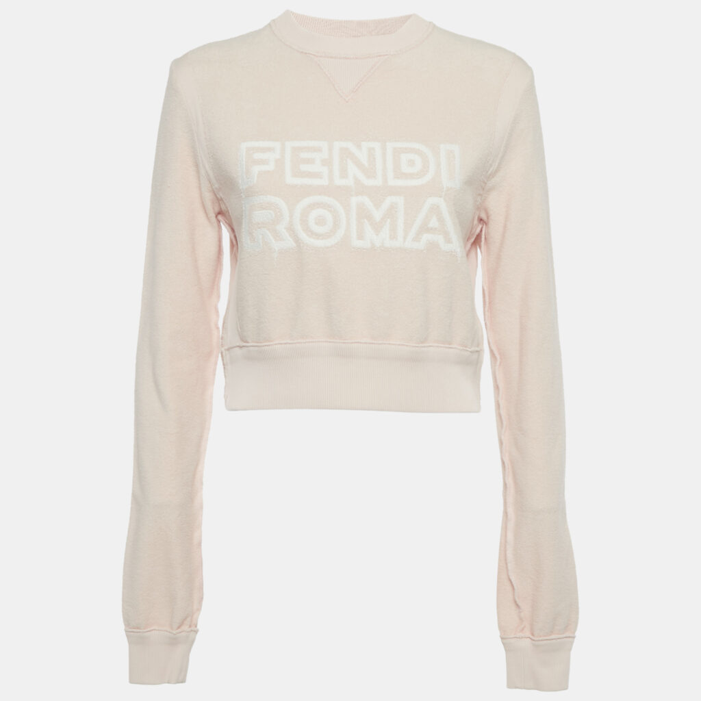 Fendi Pink Logo Embroidered Cotton Knit Cropped Sweatshirt XS