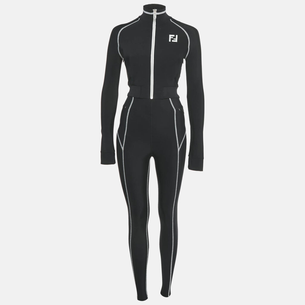 Fendi Black Zucca Print Technical Jersey Zip-Up Jacket and Leggings Set XS
