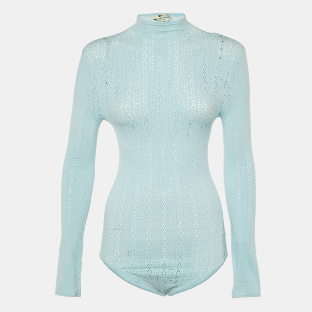 Fendi Blue Jersey Mesh Long-Sleeve Bodysuit M Fendi Blue Jersey Mesh Long-Sleeve Bodysuit M