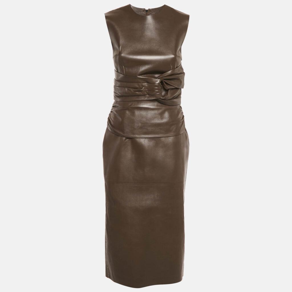 luxury-women-fendi-used-clothes-p1220186-001.jpg Fendi X Skims Brown Leather Pleated Detail Midi Dress S
