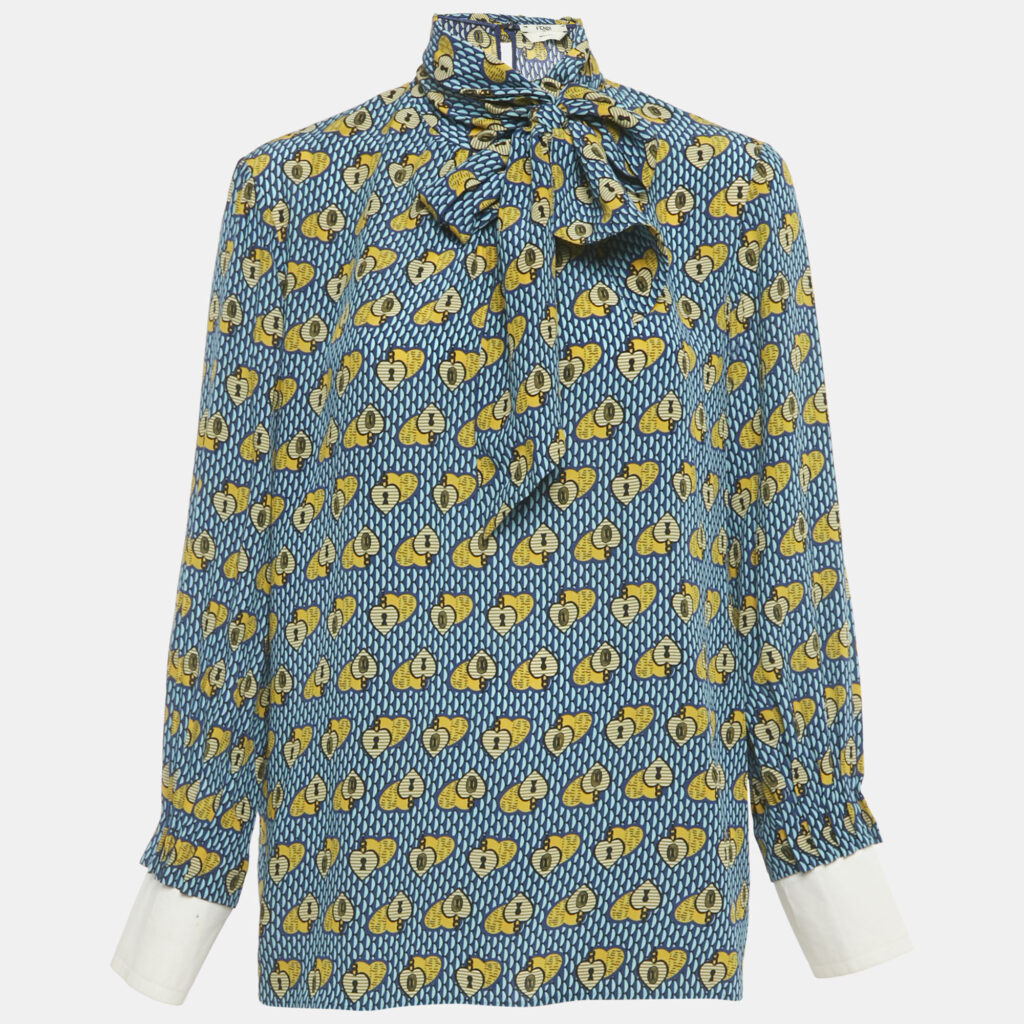 Fendi Blue heart Lock Printed Silk Neck Tie Detail Top M Fendi Blue heart Lock Printed Silk Neck Tie Detail Top M